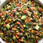Chili Lime Quinoa Black Bean Salad served in a bowl with quinoa, black beans, sweet corn, avocado, tomatoes, red onion, cilantro, and fresh lime for a colorful, healthy meal.