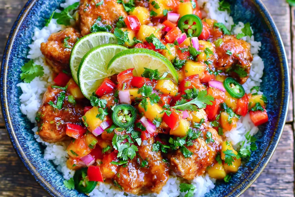 Cilantro Lime Chicken Bowls with Peach Salsa topped with juicy honey lime chicken, fresh peach salsa, jasmine rice, cilantro, jalapeño slices, and fresh lime.