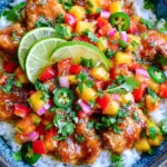 Cilantro Lime Chicken Bowls with Peach Salsa topped with juicy honey lime chicken, fresh peach salsa, jasmine rice, cilantro, jalapeño slices, and fresh lime.