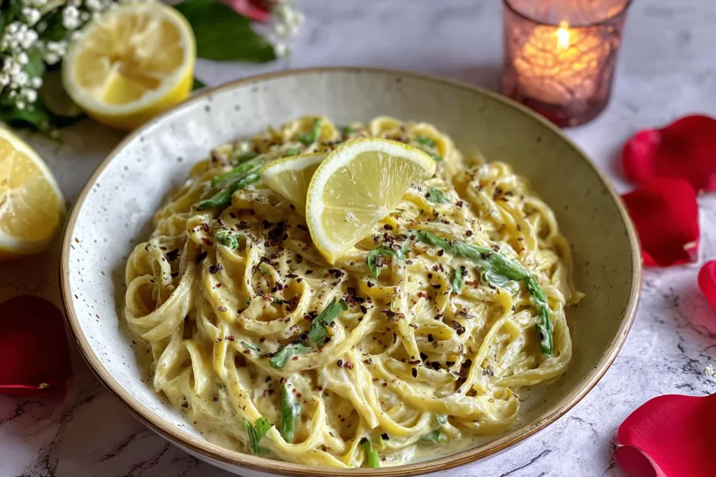 Easy Creamy Lemon Garlic Pasta in a rustic bowl, topped with lemon wedges, cracked pepper, and herbs in a silky cream sauce.