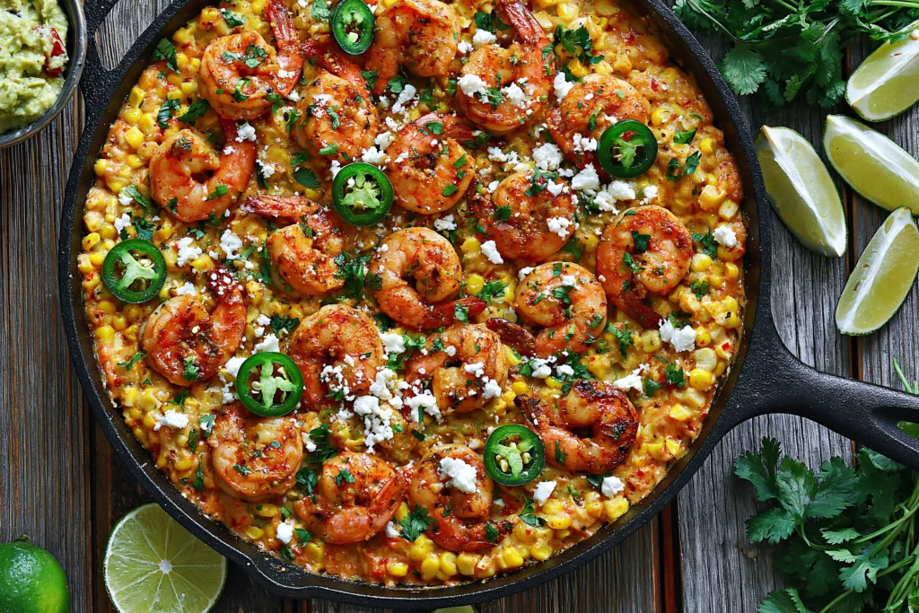 Mexican Street Corn and Shrimp skillet topped with chili-seasoned shrimp, creamy corn, crumbled feta cheese, sliced jalapeños, fresh cilantro, and lime wedges.