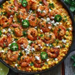Mexican Street Corn and Shrimp skillet topped with chili-seasoned shrimp, creamy corn, crumbled feta cheese, sliced jalapeños, fresh cilantro, and lime wedges.