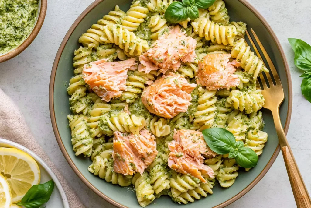 Salmon Pesto Pasta with flaky baked salmon, rotini pasta tossed in creamy basil pesto, and fresh basil garnish for a quick and flavorful dinner.