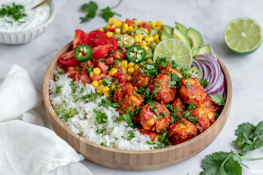 Fiesta Lime Shrimp Bowl with chili-lime shrimp, white rice, avocado, corn salsa, tomatoes, jalapeños, red onion, fresh cilantro, and lime wedges.