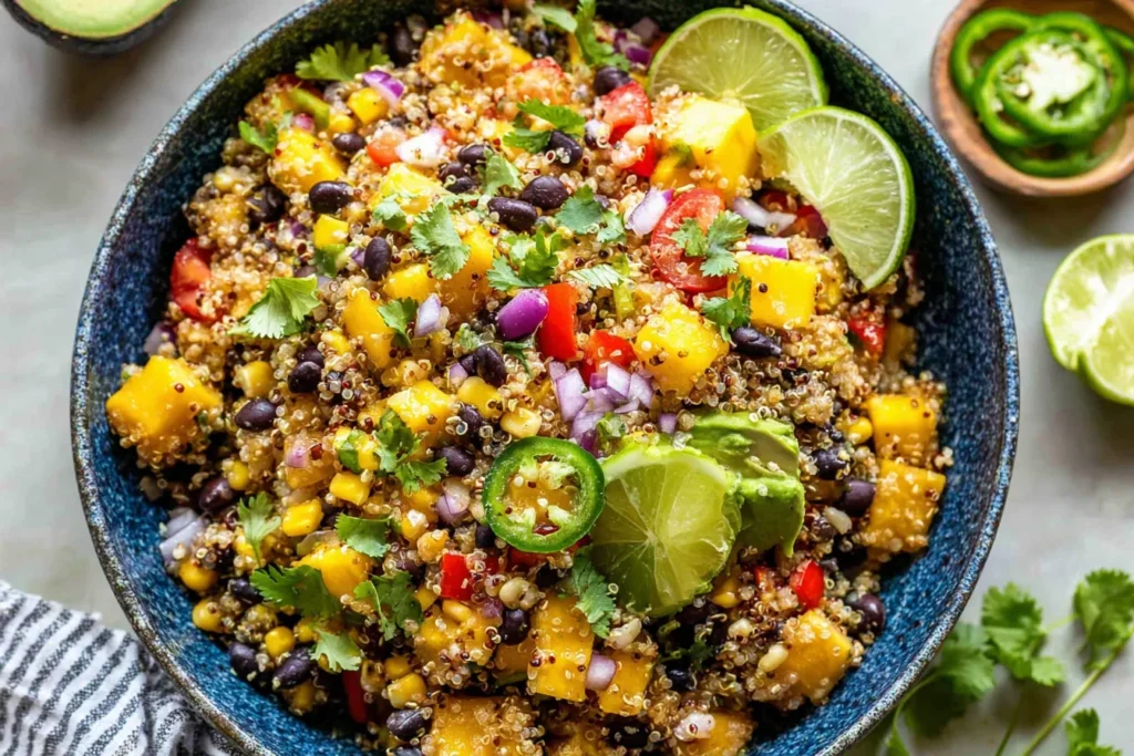 Fiesta Mango Quinoa Salad topped with cilantro, black beans, diced mango, jalapeño slices, and lime wedges in a blue bowl.