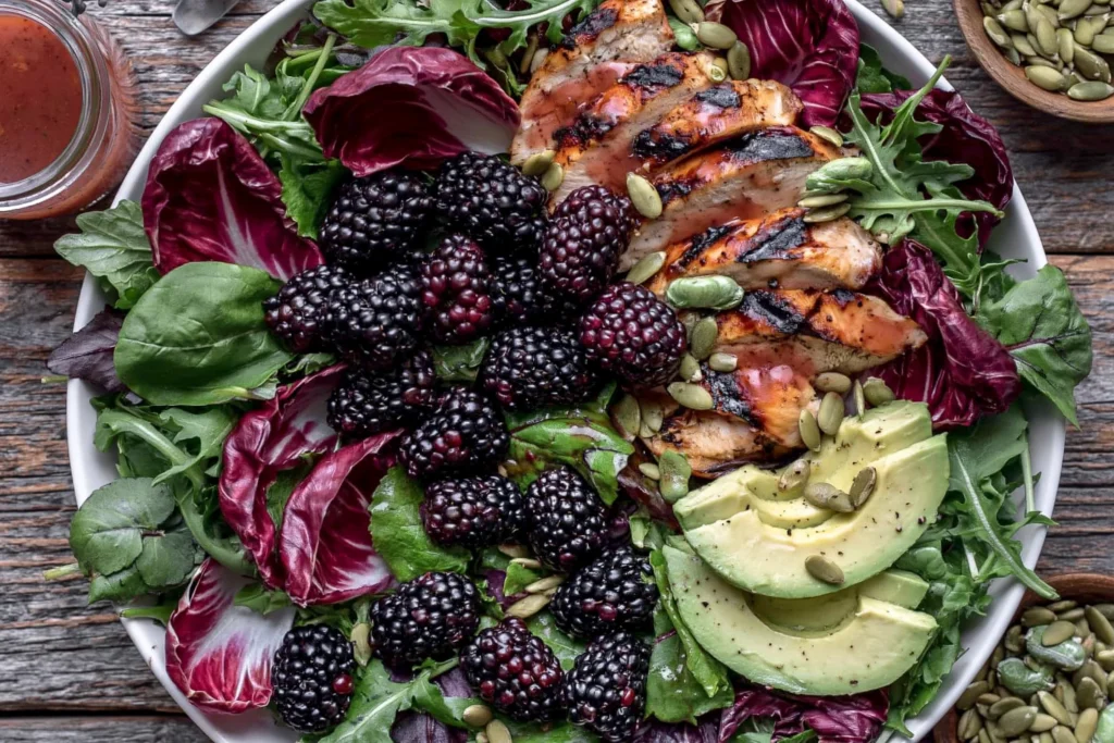 Blackberry Basil Grilled Chicken Salad featuring sliced grilled chicken, fresh blackberries, avocado, basil, arugula, radicchio, and pumpkin seeds with blackberry vinaigrette.
