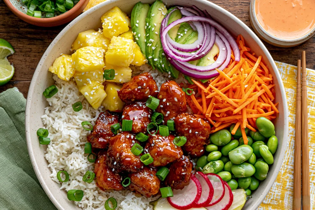 Hawaiian Chicken Poke Bowl with sticky chicken, rice, pineapple, avocado, carrots, edamame, red onion, radishes, and spicy mayo.