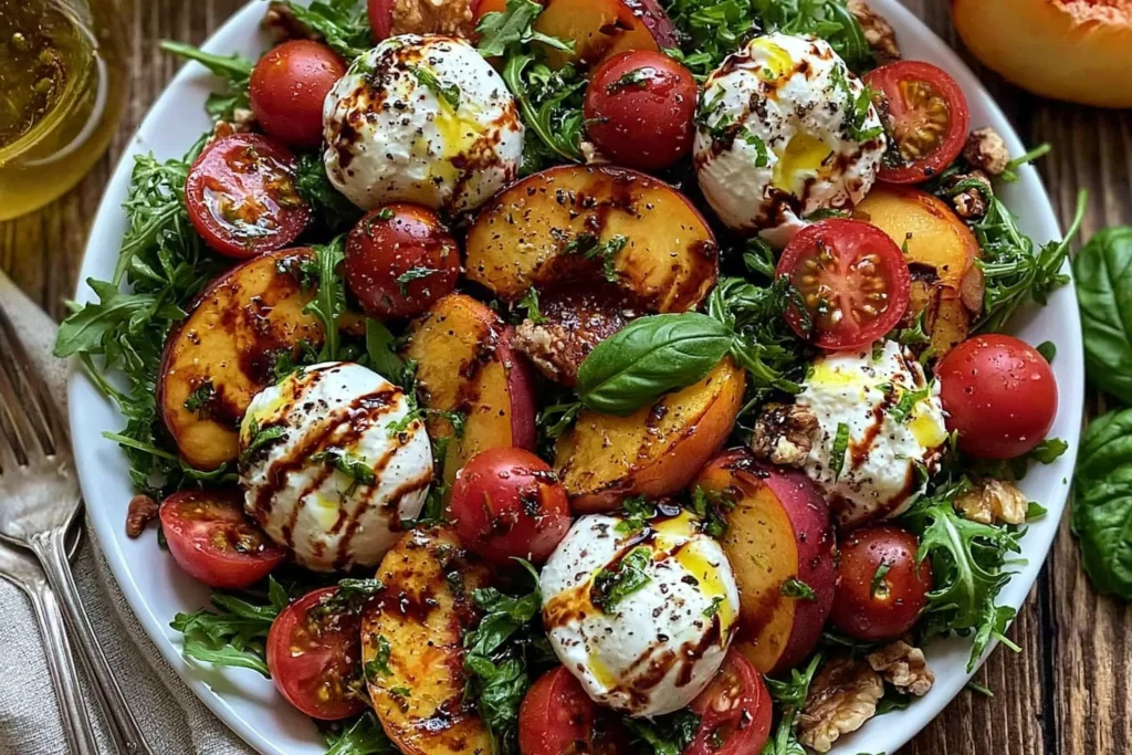 Peach Burrata Summer Salad with grilled peaches, creamy burrata, arugula, cherry tomatoes, fresh basil, walnuts, and balsamic glaze.