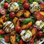 Peach Burrata Summer Salad with grilled peaches, creamy burrata, arugula, cherry tomatoes, fresh basil, walnuts, and balsamic glaze.