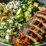 Grilled Chicken Orzo Salad bowl with sliced grilled chicken, orzo pasta, avocado, feta, cucumbers, and fresh herbs.