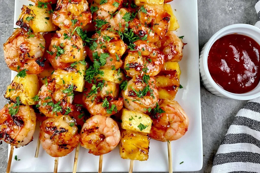 Sweet and Spicy Pineapple Shrimp Skewers with grilled shrimp, caramelized pineapple, sweet chili glaze, fresh parsley, and dipping sauce.