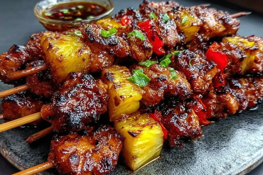 Hawaiian Teriyaki Chicken Kabobs piled on a plate with char-grilled pineapple and peppers, sticky teriyaki glaze, and a dipping sauce on the side.