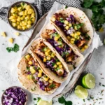 Tray of Hawaiian Huli Huli Chicken Tacos with grilled chicken, pineapple salsa, purple cabbage, cilantro, and lime wedges on the side.
