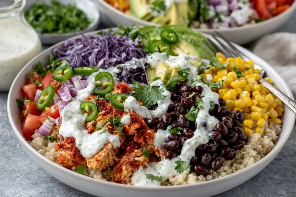 BBQ Ranch Chicken Quinoa Bowls topped with shredded BBQ chicken, quinoa, black beans, corn, avocado, red cabbage, jalapeños, tomatoes, and creamy ranch dressing