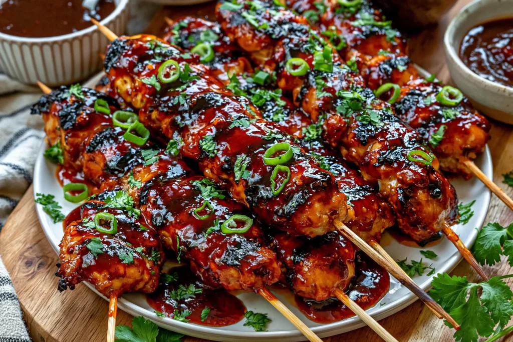 Honey Chipotle Grilled Chicken Skewers coated in a rich sweet-and-smicy chipotle glaze, grilled with charred edges and topped with fresh green onions and cilantro.