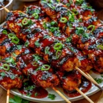 Honey Chipotle Grilled Chicken Skewers coated in a rich sweet-and-smicy chipotle glaze, grilled with charred edges and topped with fresh green onions and cilantro.