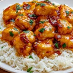 Honey Garlic Chicken served over fluffy white rice with tender chicken pieces coated in a sticky honey garlic sauce and garnished with fresh parsley