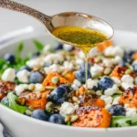 Honey Sweet Potato Summer Salad as honey lemon vinaigrette is drizzled over roasted sweet potatoes, blueberries, arugula, goat cheese, and pepitas.