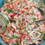Kani Salad in a blue bowl with shredded imitation crab, cucumber, and carrot in creamy Japanese mayo dressing, topped with black sesame seeds and cilantro.