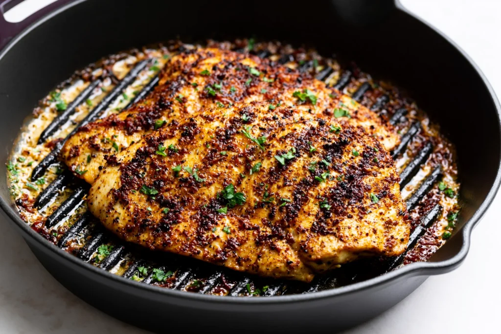 The Best Cuban Chicken cooking in a cast-iron grill pan with a golden mojo-marinated crust, seasoned with Cuban spices and fresh parsley.