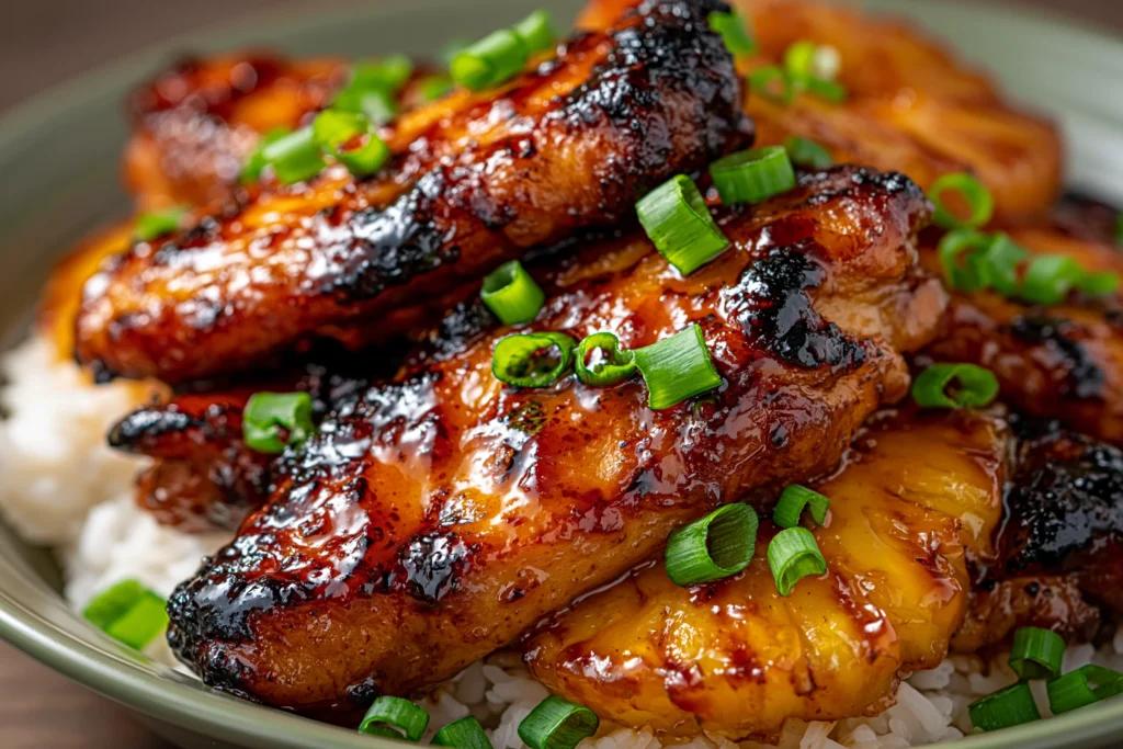 Hawaiian Teriyaki Chicken with caramelized pineapple served over steamed rice and topped with fresh green onions.