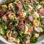 Steak Pasta Salad with juicy steak cubes, shell pasta, asparagus, peas, tomatoes, spinach, and creamy Parmesan dressing in a serving bowl.