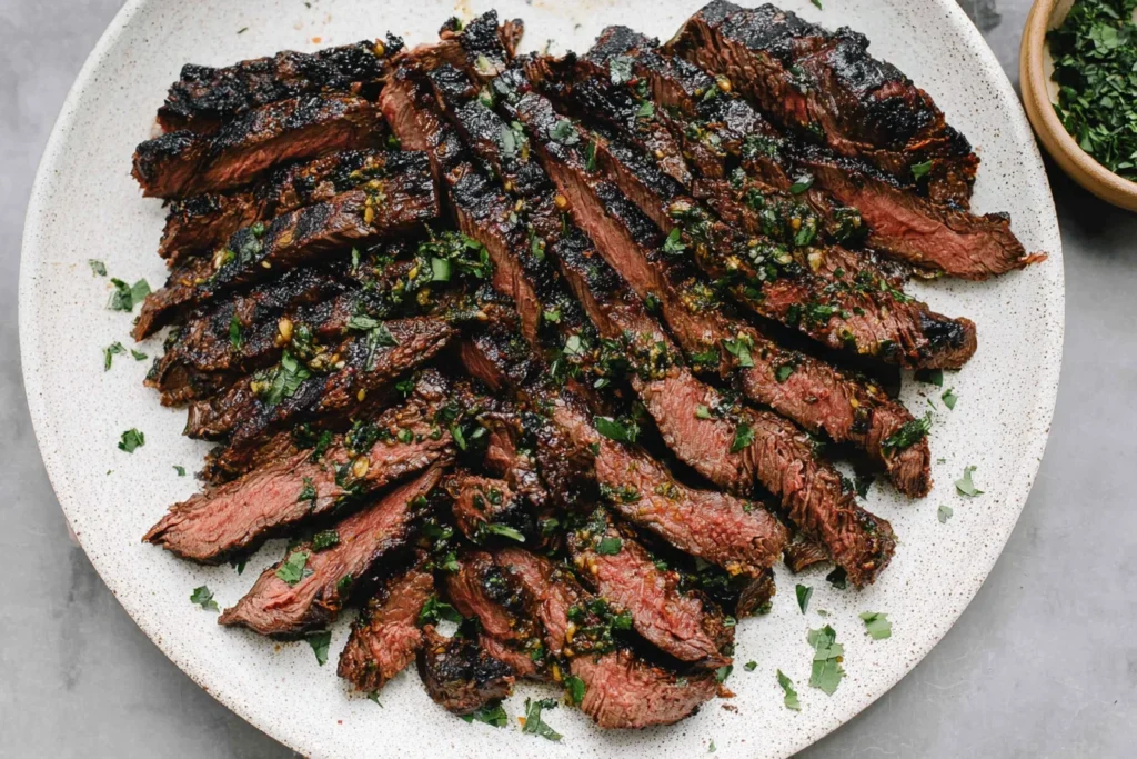 Marinated Skirt Steak sliced and fanned on a platter with a charred crust and fresh herb-garlic topping.