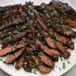 Marinated Skirt Steak sliced and fanned on a platter with a charred crust and fresh herb-garlic topping.