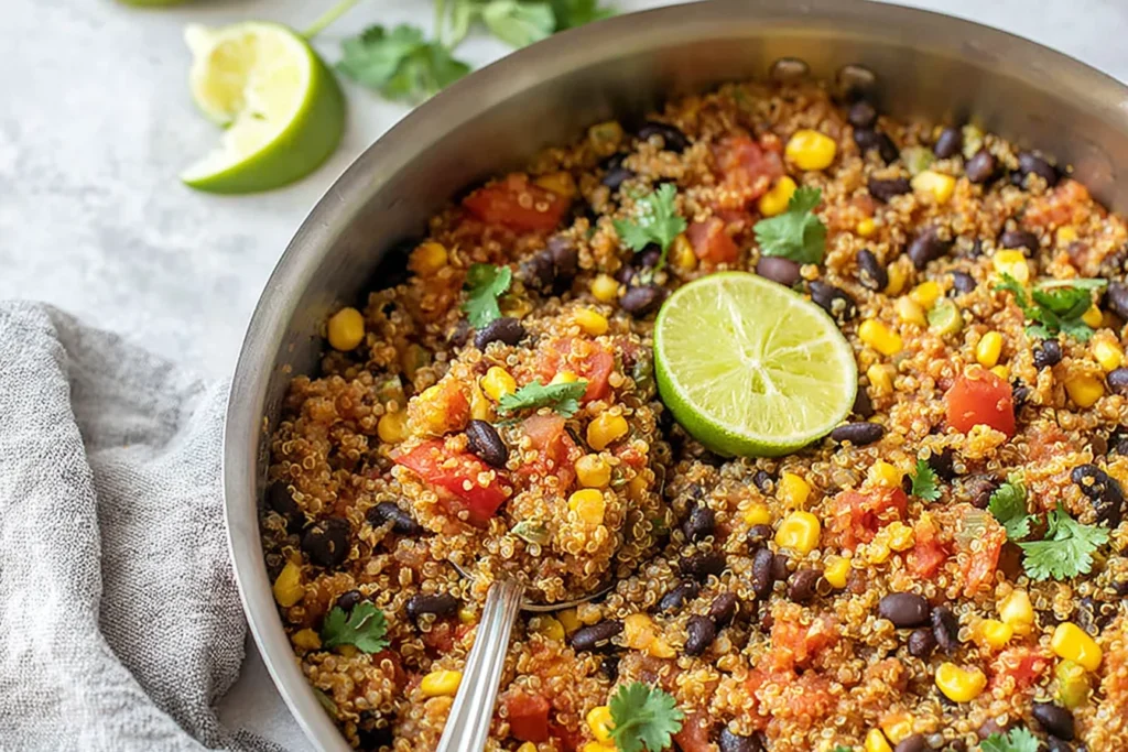 One-Pan Mexican Quinoa in a pan with black beans, corn, tomatoes, cilantro, and a lime wedge on top.