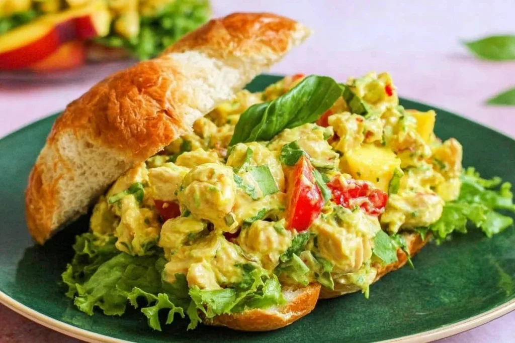 Peach Basil Chicken Salad sandwich on a croissant with lettuce, juicy peaches, basil, celery, and creamy dressing.