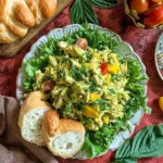 Peach Basil Chicken Salad served over leafy lettuce with fresh basil, juicy peaches, and shredded chicken, with crusty bread on the side.