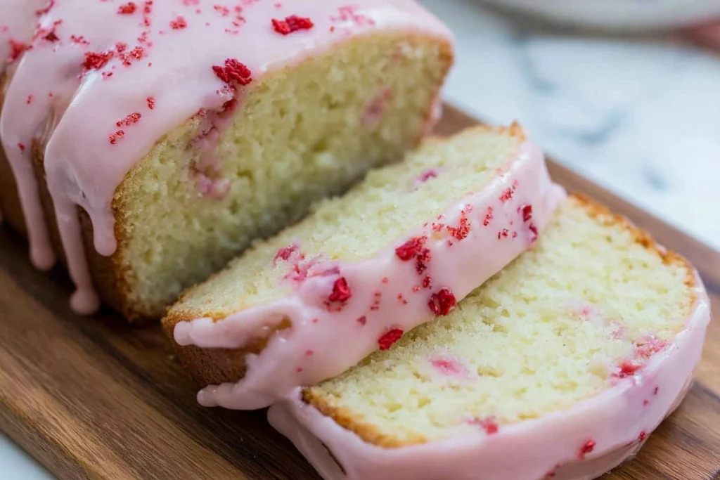 Close-up of Raspberry Glazed Key Lime Cake slices with pink raspberry glaze and tender citrus crumb.