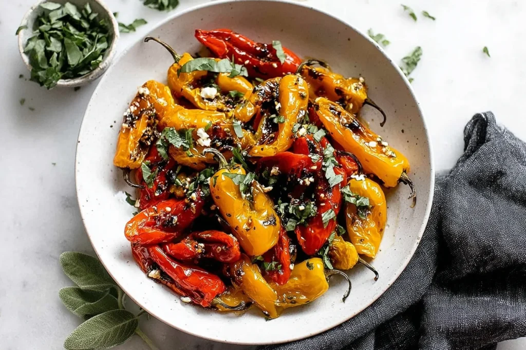 Roasted Mini Peppers with balsamic, herbs, and crumbled cheese in a white bowl