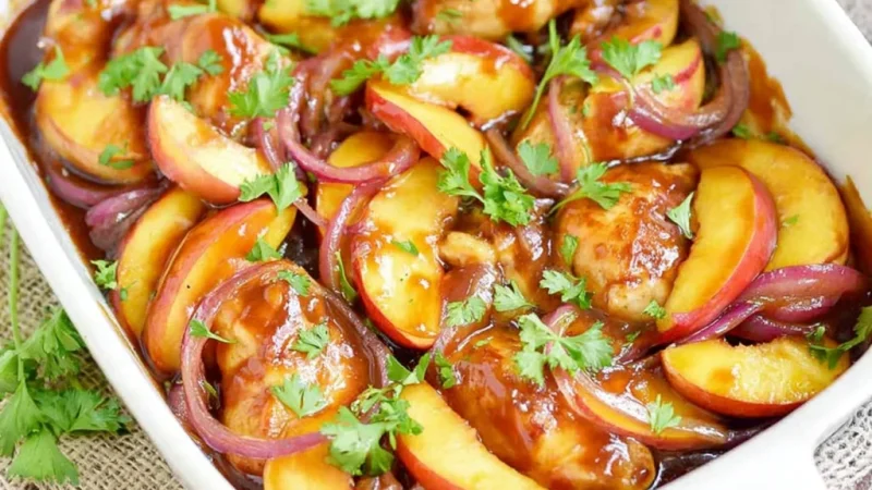 Roasted Peach BBQ Chicken Bake