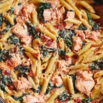 Salmon Pasta with Sun-Dried Tomato Cream Sauce with penne, spinach, and flaky salmon chunks tossed in a creamy garlic sun-dried tomato sauce.