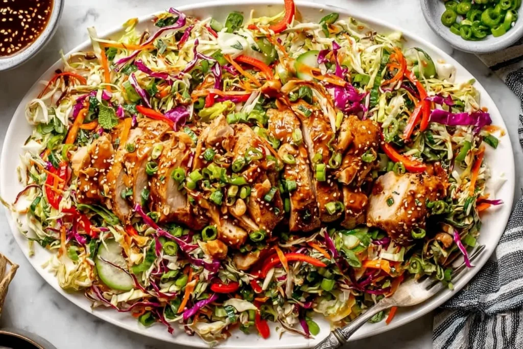 Sesame Chicken Cabbage Crunch Salad on a platter with sliced sesame chicken, shredded cabbage, carrots, cucumbers, peppers, herbs, and sesame ginger dressing.
