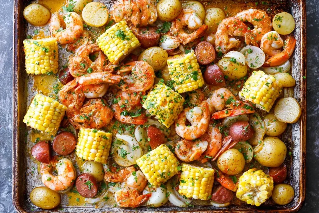 Sheet Pan Shrimp Boil on a baking sheet with shrimp, corn, baby potatoes, and andouille sausage tossed in buttery Old Bay seasoning.