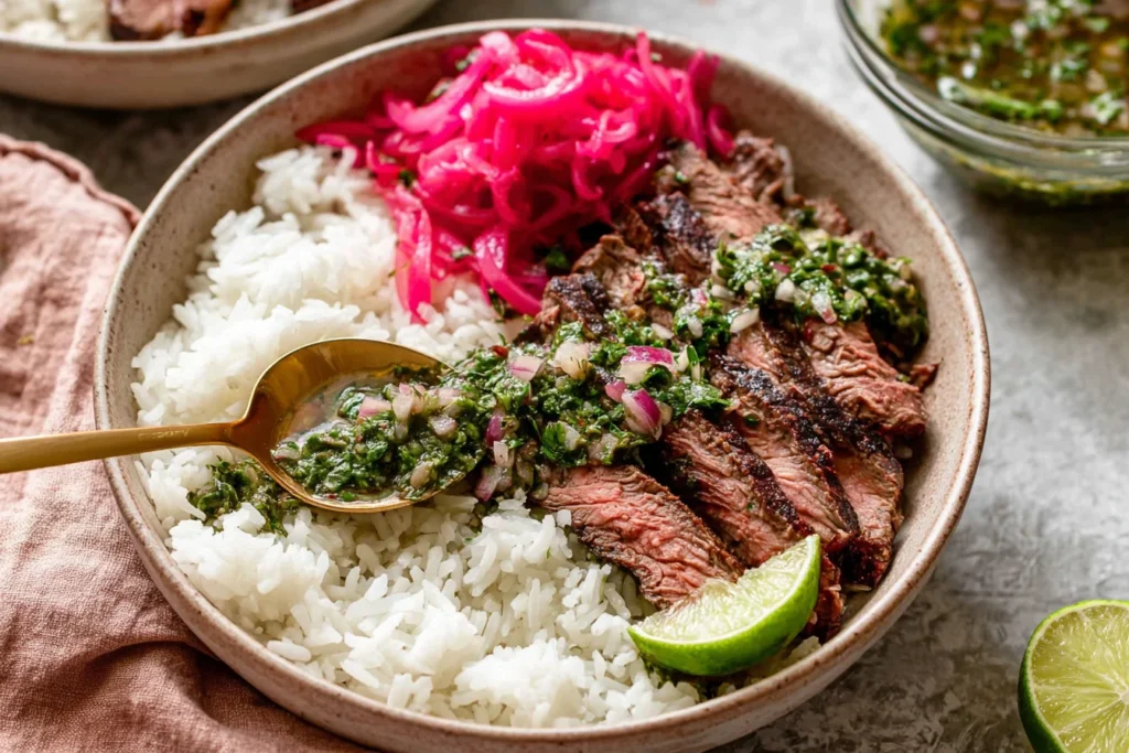 Skirt Steak Rice Bowls with Chimichurri Sauce topped with sliced steak, fluffy white rice, pickled red onions, and a lime wedge.