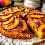 Bourbon Peach Upside Down Cake on parchment paper with a glossy caramelized peach topping and one slice removed to show the moist, golden crumb.