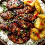 Hawaiian Chicken & Coconut Rice topped with caramelized pineapple rings, sticky glazed chicken thighs, fresh cilantro, and sliced red chiles.