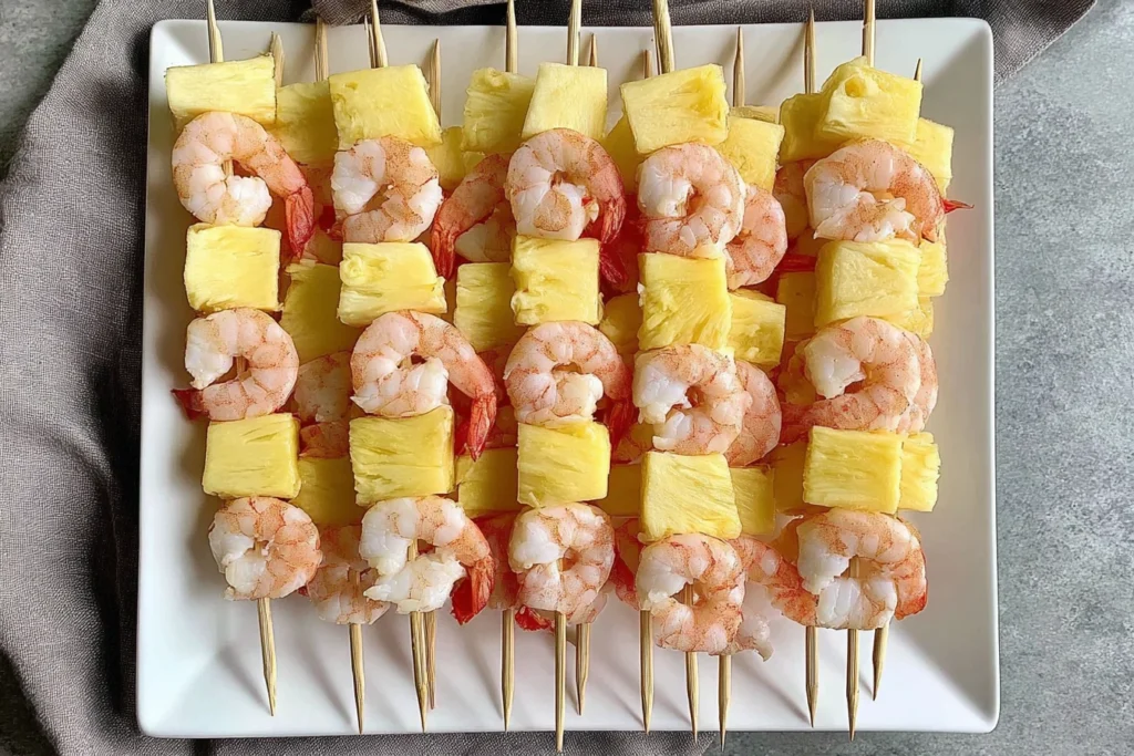 Sweet and Spicy Pineapple Shrimp Skewers assembled with raw shrimp and fresh pineapple chunks on wooden skewers before grilling.