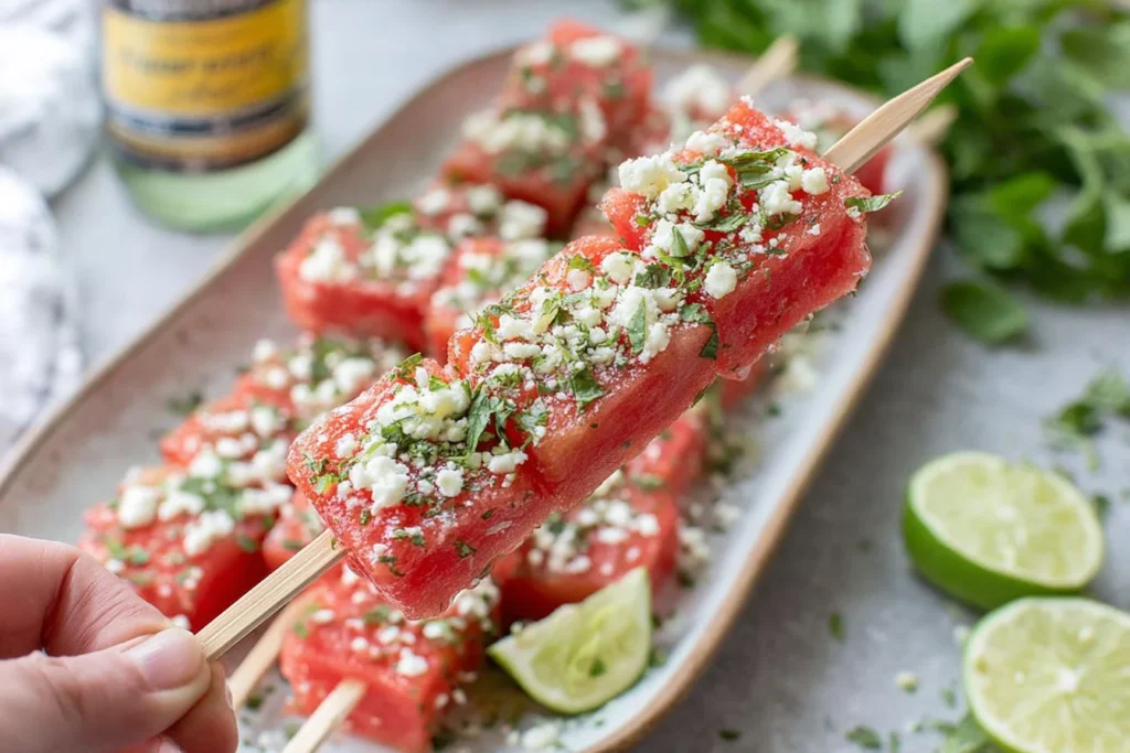 Close-up of Watermelon Tajin Skewers topped with cotija cheese and fresh mint, served with lime wedges for a sweet-spicy summer snack.