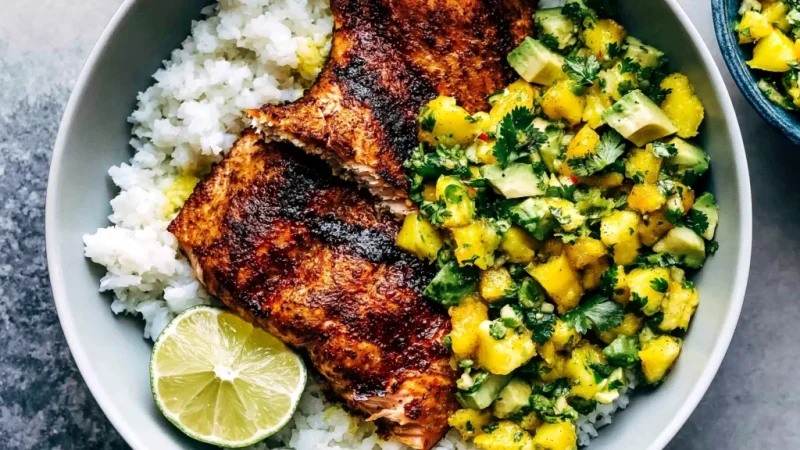 BBQ Salmon Bowls with Mango Avocado Salsa