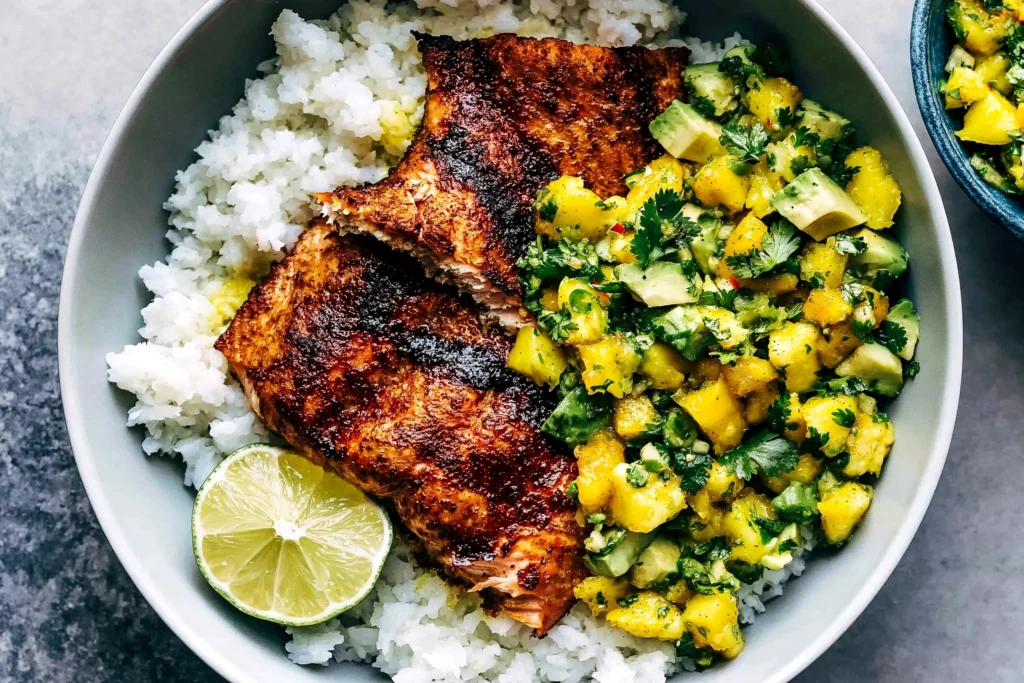BBQ Salmon Bowls with Mango Avocado Salsa served over fluffy rice with smoky baked salmon, fresh mango avocado salsa, and a lime wedge.