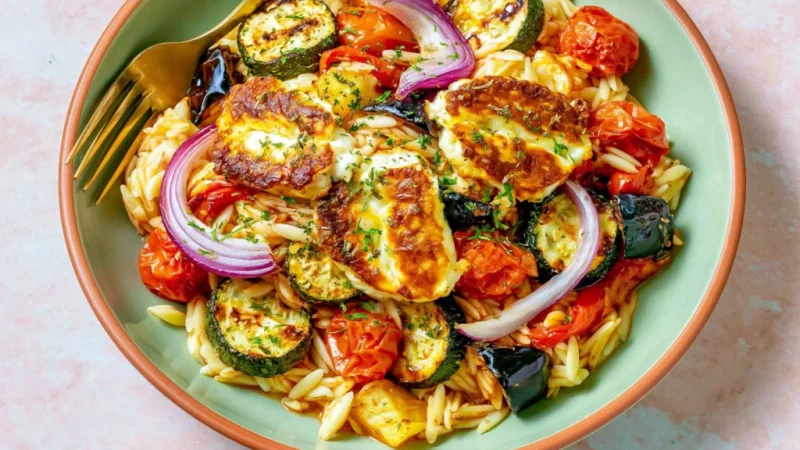 Baked Orzo Roasted Mediterranean Vegetables with Halloumi