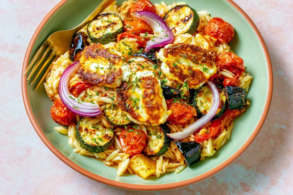 Baked Orzo Roasted Mediterranean Vegetables with Halloumi served with roasted zucchini, tomatoes, red onion, olives, and golden pan-fried halloumi.