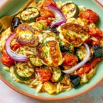 Baked Orzo Roasted Mediterranean Vegetables with Halloumi served with roasted zucchini, tomatoes, red onion, olives, and golden pan-fried halloumi.