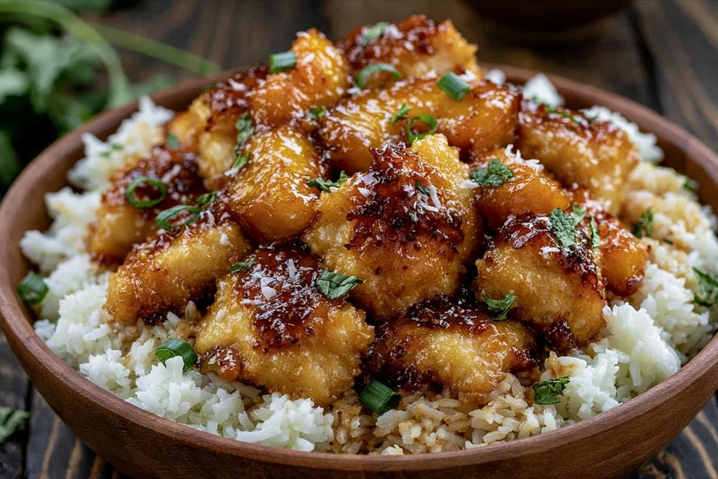 Coconut Peach Chicken served over fluffy white rice with crispy coconut-coated chicken bites tossed in a sweet peach glaze and garnished with fresh herbs