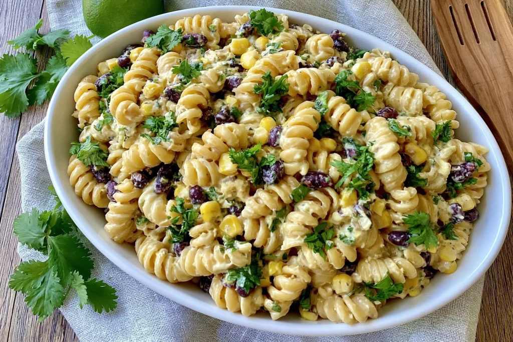 Black Bean & Corn Pasta Salad with rotini pasta, black beans, sweet corn, fresh cilantro, and a creamy Greek yogurt lime dressing in a serving bowl.