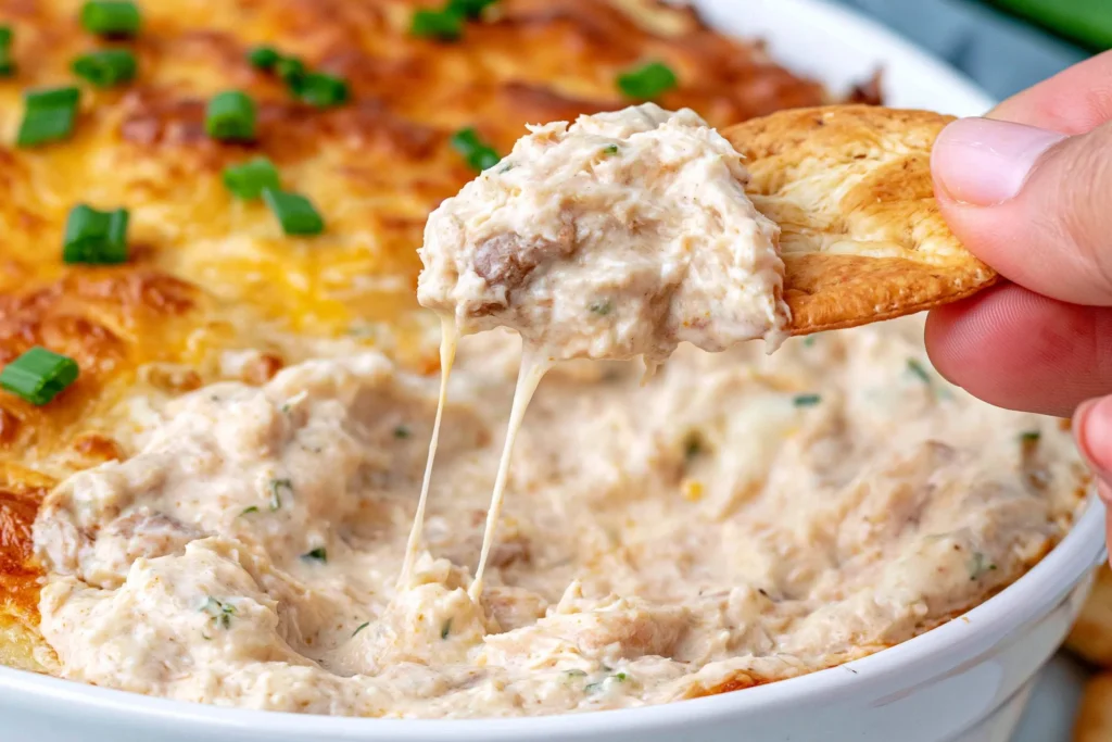 Creamy Crab Rangoon Dip scooped onto a cracker with gooey melted cheese and chunks of real crab